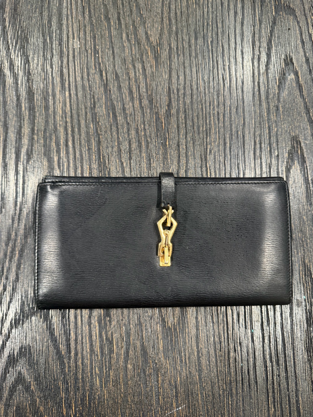 GUCCI Jackie Two-Fold Long Wallet Black Leather Gold